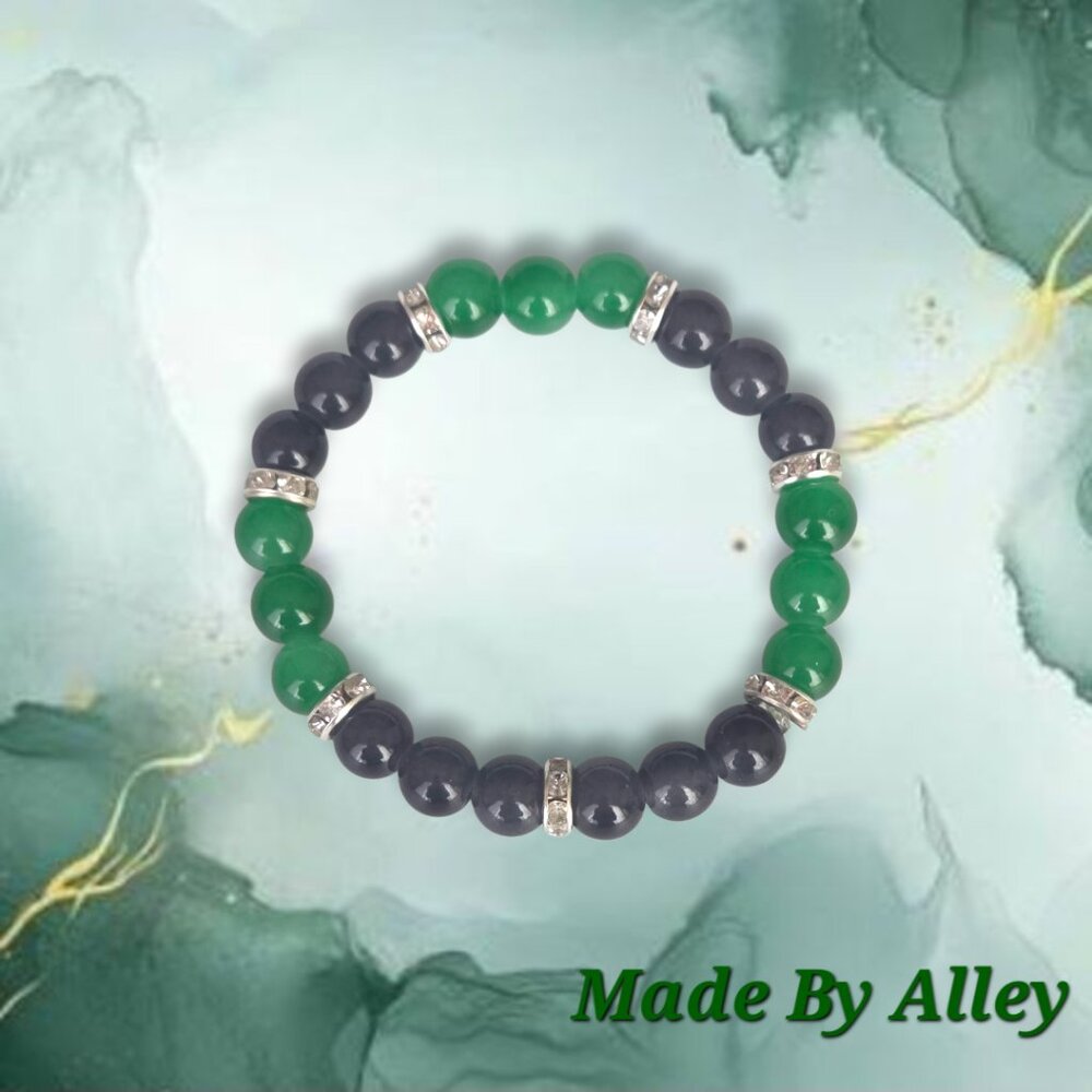Handmade Green and Black 8mm Glass Beaded Bracelet with Silver Spacers
